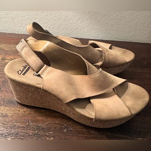 Clarks Shoes - Clarks | Shoes | Clarks Beige Leather Cork Wedge Slingback Sandals‎ Womens 9.5